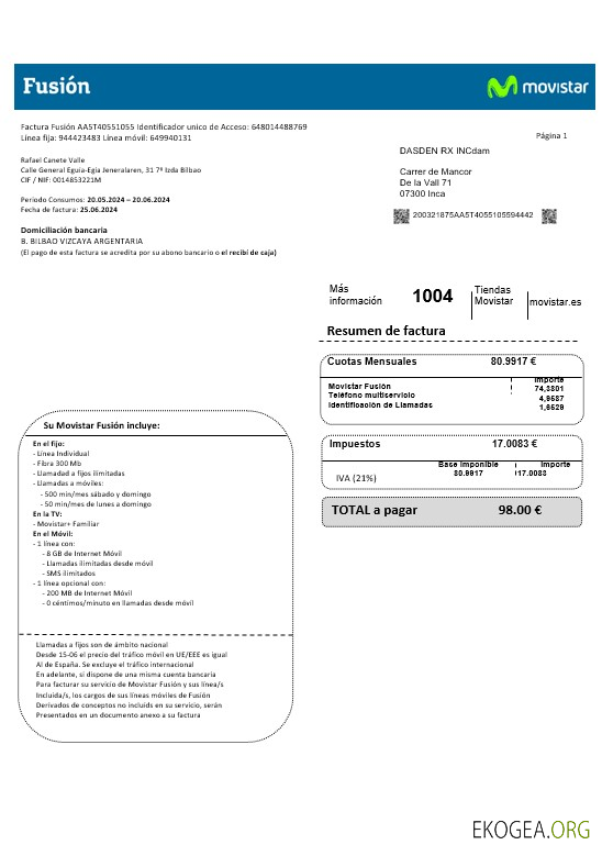 Espagne Movistar Fusion, opérateur de télécommunications, document de facture de services publics aux formats Word et PDF